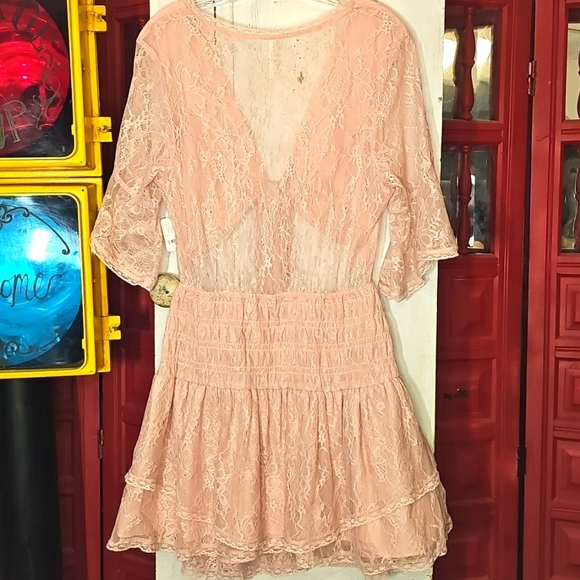 NWT Free People Womens Pink Rose Stretch Floral Lace Cut-out Tiered Mini Dress L - Picture 6 of 6
